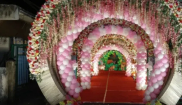 Balloon and flower arch set up for an annaprashan ceremony