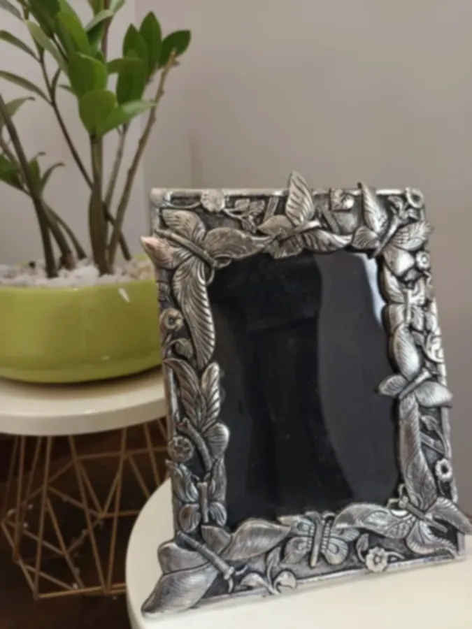 A silver-plated photo frame patterned with butterflies, dragonflies and leaves