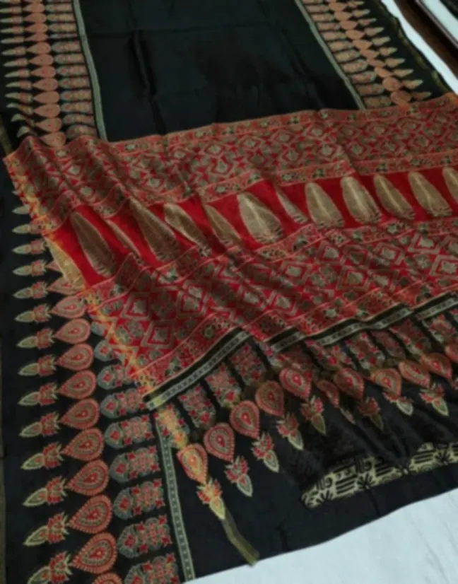 A hand block printed saree in black, red and gold, printed in bands of small repeating motifs with a row of large leaf shapes along the border.