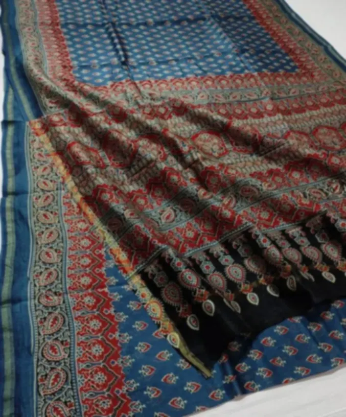 An Ajrakh block printed saree in indigo and madder red, printed with rows of small geometric and floral blocks.