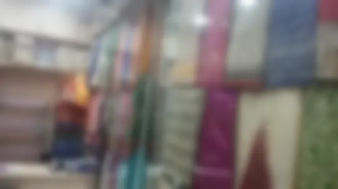 Inside the shop: sarees hanging in a glass case and folded in deep stacks on shelves that run up the wall.
