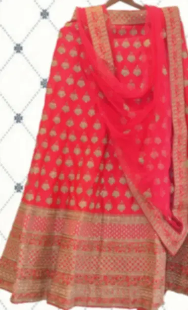 Bright red lehenga with small gold motifs all over and a wide woven border at the hem.