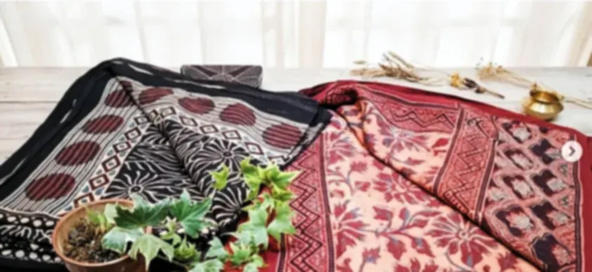 Two Ajrakh block printed cotton sarees, one black and one red, laid out with a small potted plant.