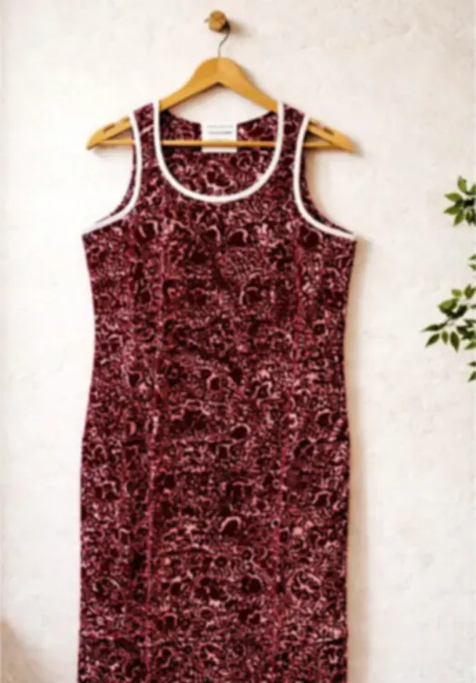 A red sleeveless cotton kurti with fine white all-over embroidery, on a hanger.
