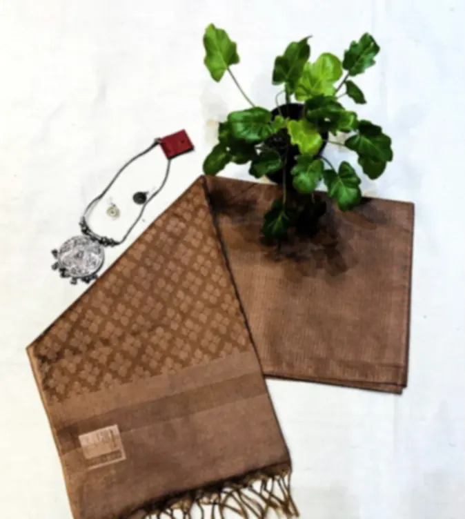 A tan Kota cotton saree with a woven border and knotted fringe, folded beside a silver necklace.