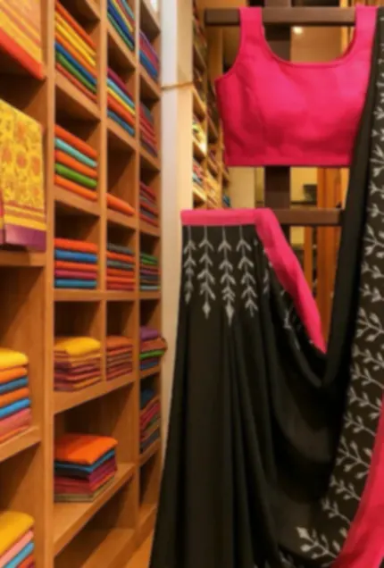 A black Telia cotton saree with white ikat motifs, on a stand in the shop beside a pink blouse.