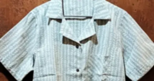 A pale blue-green shirt with gentle leaf motifs on a smooth cotton base, on a hook.