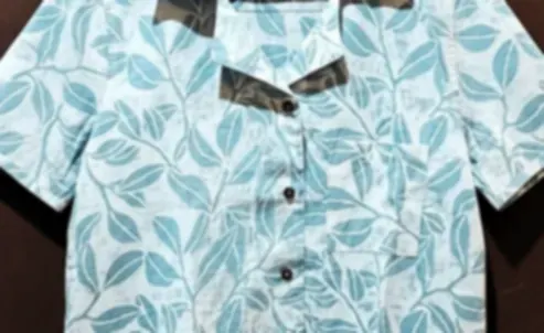 A pale blue shirt with soft foliage patterns on a breathable cotton weave, on a hanger.